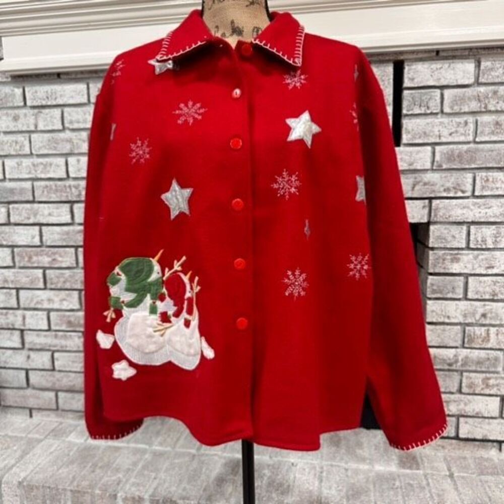 Vintage Take Two Clothing Co Christmas Holiday Wool Felt Cardigan Jacket XL Red